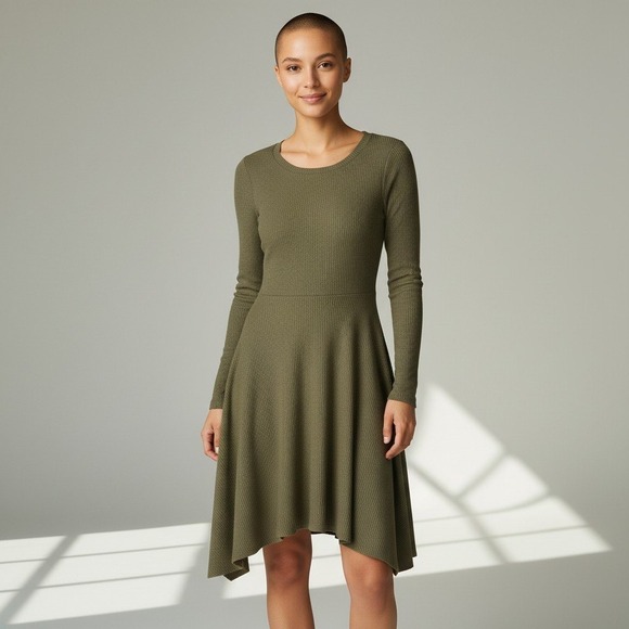 Lulus Dresses & Skirts - Lulus Skater Dress Womens S Olive Green Ribbed Knit Long Sleeve Sharkbite Hem